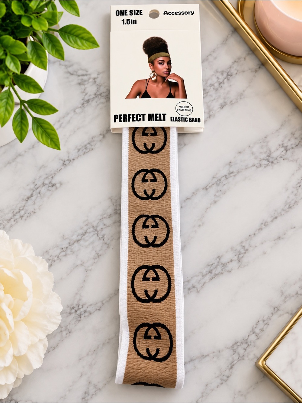 Elastic Headband in Tan & Black